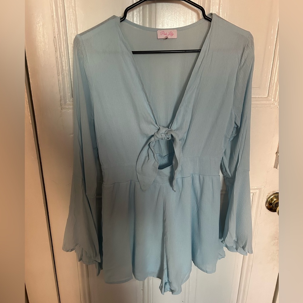Pink Lily Light Blue Jumpsuit with Front Tie